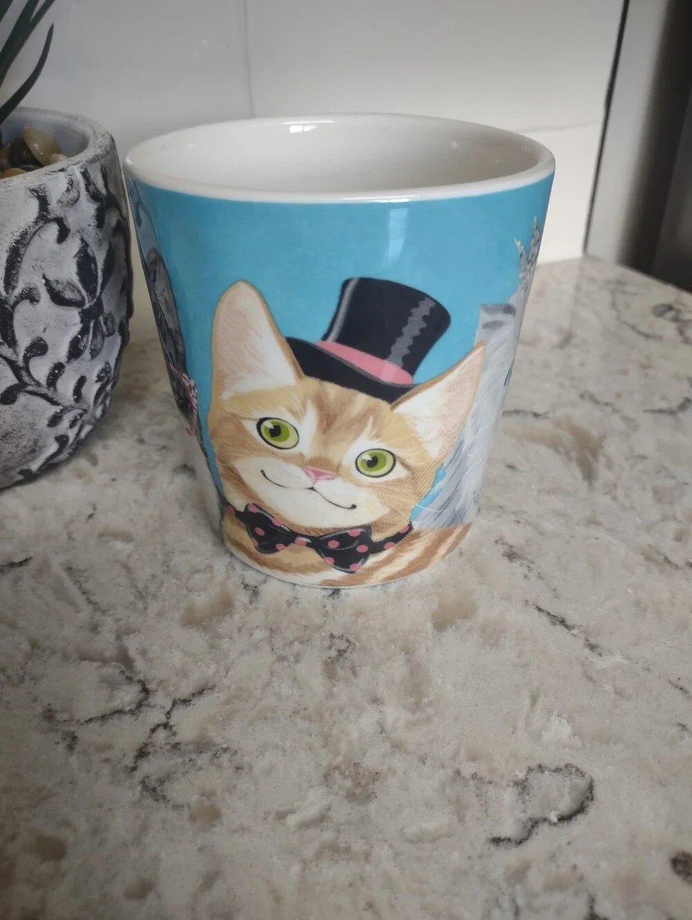 Pier 1 Imports Party Cats Ironstone Coffee Mug Dressed Up Cats Blue Graphic Cup
